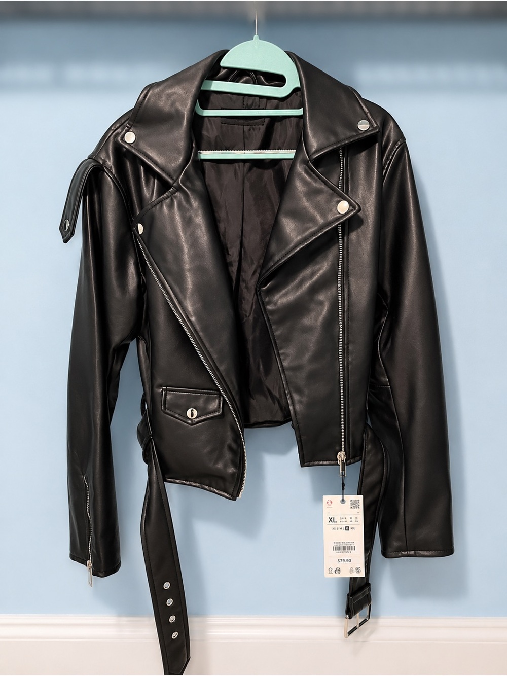 Zara Black Faux Leather Moto Jacket with Belt